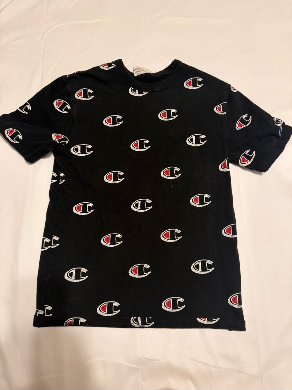 Champion Black Short-Sleeve Tee with Red & White Logo Print